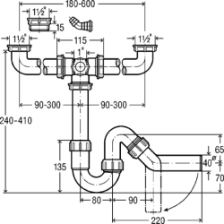 Dvigubos plautuvės sifonas Viega, su pajungimu skalbimo mašinai