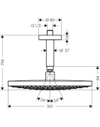 Dušo galva iš lubų Hansgrohe Raindance S 300, su 100mm alkūne