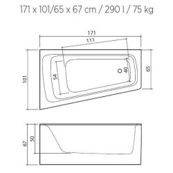 Vonia Balteco Piano 171x101 cm, su apdaila E15 (dešinė)