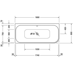 Vonia Duravit Happy D.2 180x80 cm, su panele ir kojomis, kairė