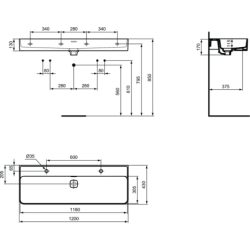 Praustuvas Ideal Standard Strada II, 120 cm, dviems maišytuvams