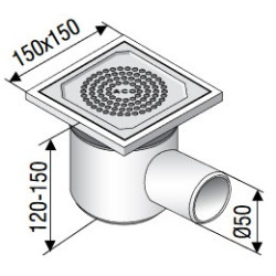 Dušo trapas Aco EG150, 150x150 mm, horizontalus, DN50