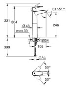 Praustuvo maišytuvas Grohe BauEdge XL, be dugno vožtuvo, chromas