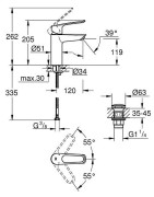 Praustuvo maišytuvas Grohe Eurosmart M, su kilpine svirtimi, su push-open dugno vožtuvu, chromas