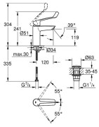 Praustuvo maišytuvas Grohe Eurosmart M, su ilga svirtimi, su push-open dugno vožtuvu, chromas