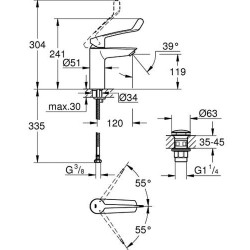 Praustuvo maišytuvas Grohe Eurosmart M, su ilga svirtimi, su push-open dugno vožtuvu, chromas