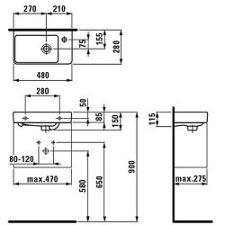 Praustuvas Laufen Pro S, 480x280x85 mm, su anga maišytuvui dešinėje, asimetrinis
