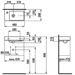 Praustuvas Laufen Pro S, 480x280x85 mm, su anga maišytuvui kairėje, asimetrinis
