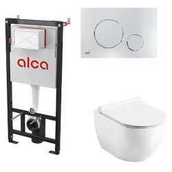 WC komplektas: Alcadrain rėmas, mygtukas, Ravak Chrome RimOff unitazas