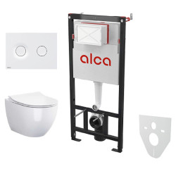 WC komplektas: Alcadrain rėmas, mygtukas, Cersanit Zen Rimless unitazas su dangčiu