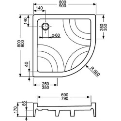 Dušo padėklas Roth Hawaii-P 80x80 (radius 550), iš supresuotų sluoksnių su PU laikikliu
