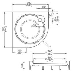 Dušo padėklas Roth Dream-P 80x80 (radius 550), su sifonu komplekte