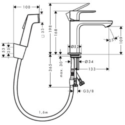 Praustuvo maišytuvas Hansgrohe Rebris S 110, su higieniniu dušeliu ir 1.6 m žarna, be dugno vožtuvo, chromas