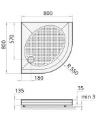 Dušo padėklas Paa Art 80x80 (radius 550), su panele ir kojelėmis, baltas