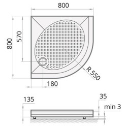 Dušo padėklas Paa Art 80x80 (radius 550), su panele ir kojelėmis, baltas