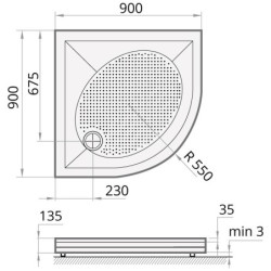 Dušo padėklas Paa Art 90x90 (radius 550), su panele ir kojelėmis, baltas