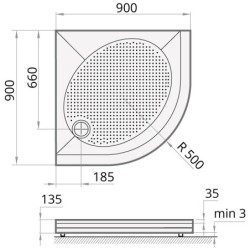 Dušo padėklas Paa Art 90x90 (radius 500), su panele ir kojelėmis, baltas