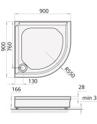 Dušo padėklas Paa Classic 90x90 (radius 550), su panele ir kojelėmis, baltas