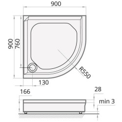 Dušo padėklas Paa Classic 90x90 (radius 550), su panele ir kojelėmis, baltas
