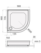 Dušo padėklas Paa Classic 90x90 (radius 500), su panele ir kojelėmis, baltas
