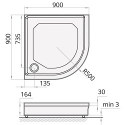 Dušo padėklas Paa Classic 90x90 (radius 500), su panele ir kojelėmis, baltas
