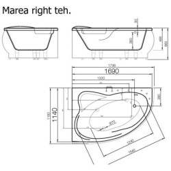 Vonia Vispool Marea 174x118cm, kampinė, dešinė