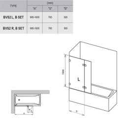 Vonios sienelė Ravak BVS2-100, su skaidriu stiklu, kairė