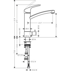 Plautuvės maišytuvas Hansgrohe Focus M41, su ventiliu