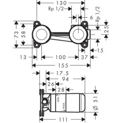 Potinkinė praustuvo maišytuvo dalis Hansgrohe, iš sienos, 1/2"