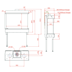 Dujinis židinys Akos NV80 F3, 9.3 kW, aukštu trijų pusių stiklu
