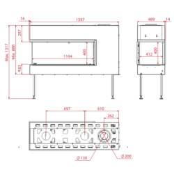 Dujinis židinys Akos Eros L, 10 kW, trijų pusių stiklu