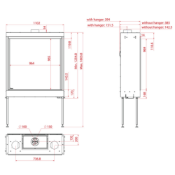 Dujinis židinys Akos SQ100, 9.5 kW, kvadratiniu tiesiu stiklu